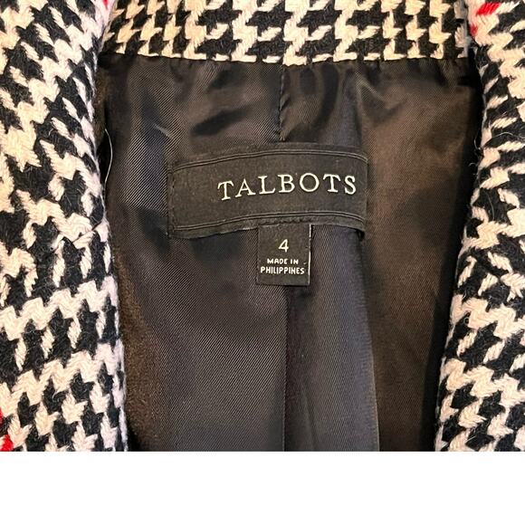 Talbots Wool Blend Houndstooth Plaid Blazer SZ 4 Black White Red Classic Preppy - Picture 10 of 12